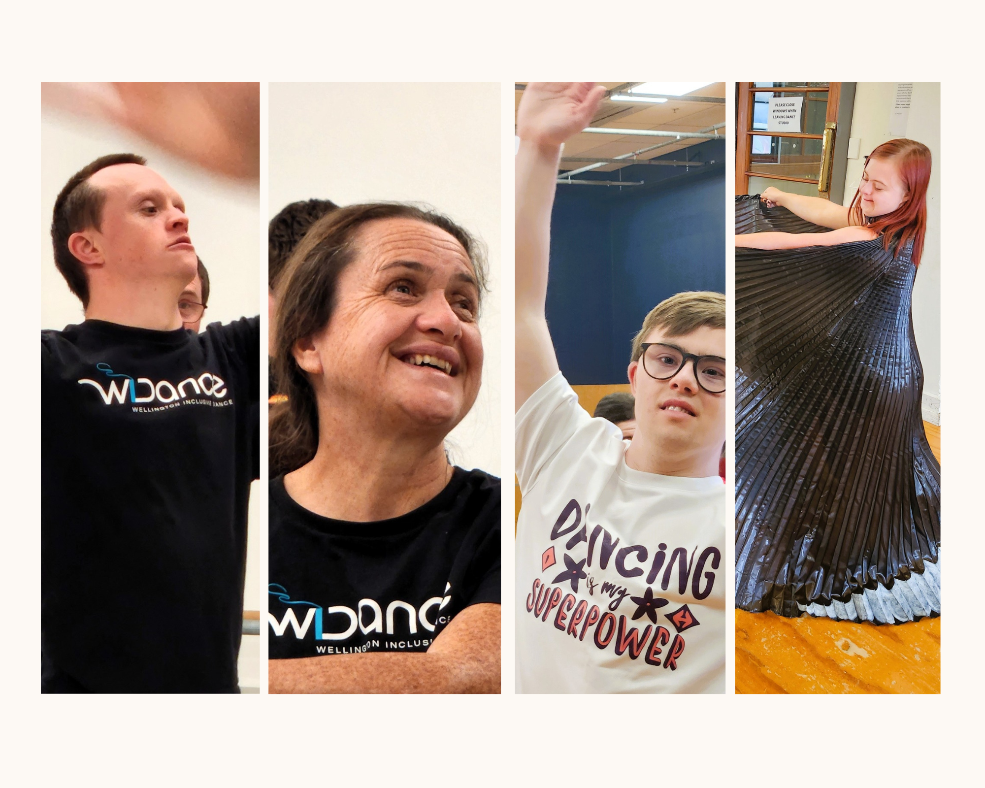 May 2025 a collage of four vertical panels of WIDancers smiling and concemtrating as they practice in the studio for various events and workshops